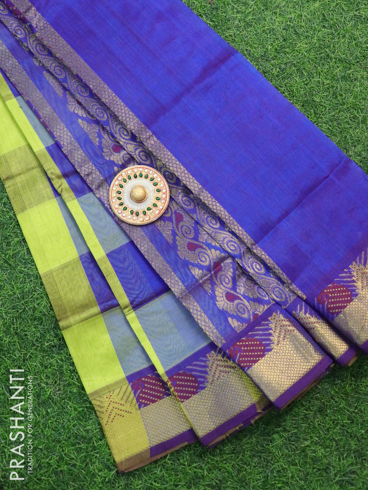 Silk cotton saree lime green and blue with allover paalum pazhamum che –  Cherrypick