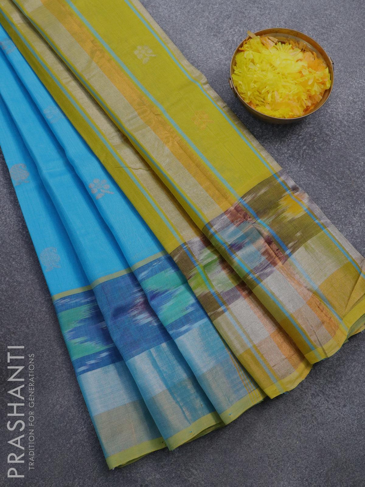 Blue Floral Linen Cotton Saree with Silver Zari Border - kashtii.in