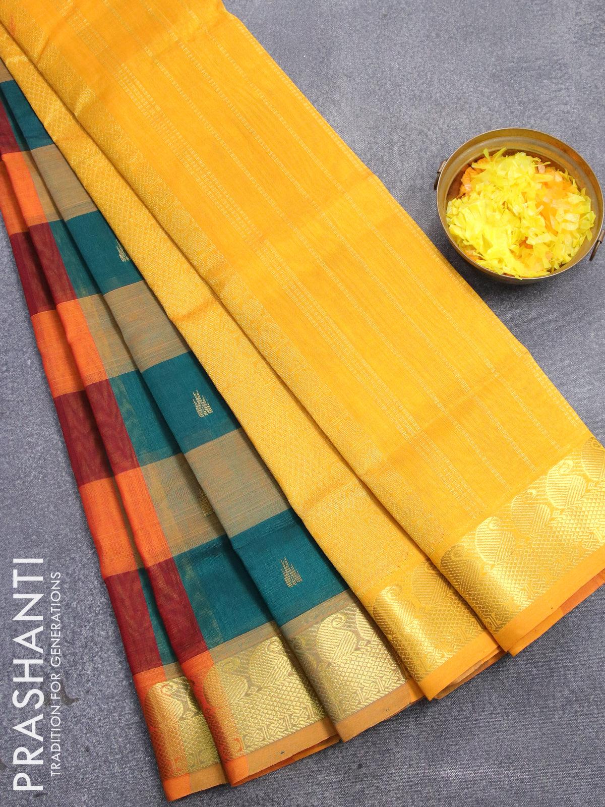 silk cotton saree multi colour and mustard yellow with paalum pazhamum checks and zari buttas and paisley zari woven border prashanti sarees 1