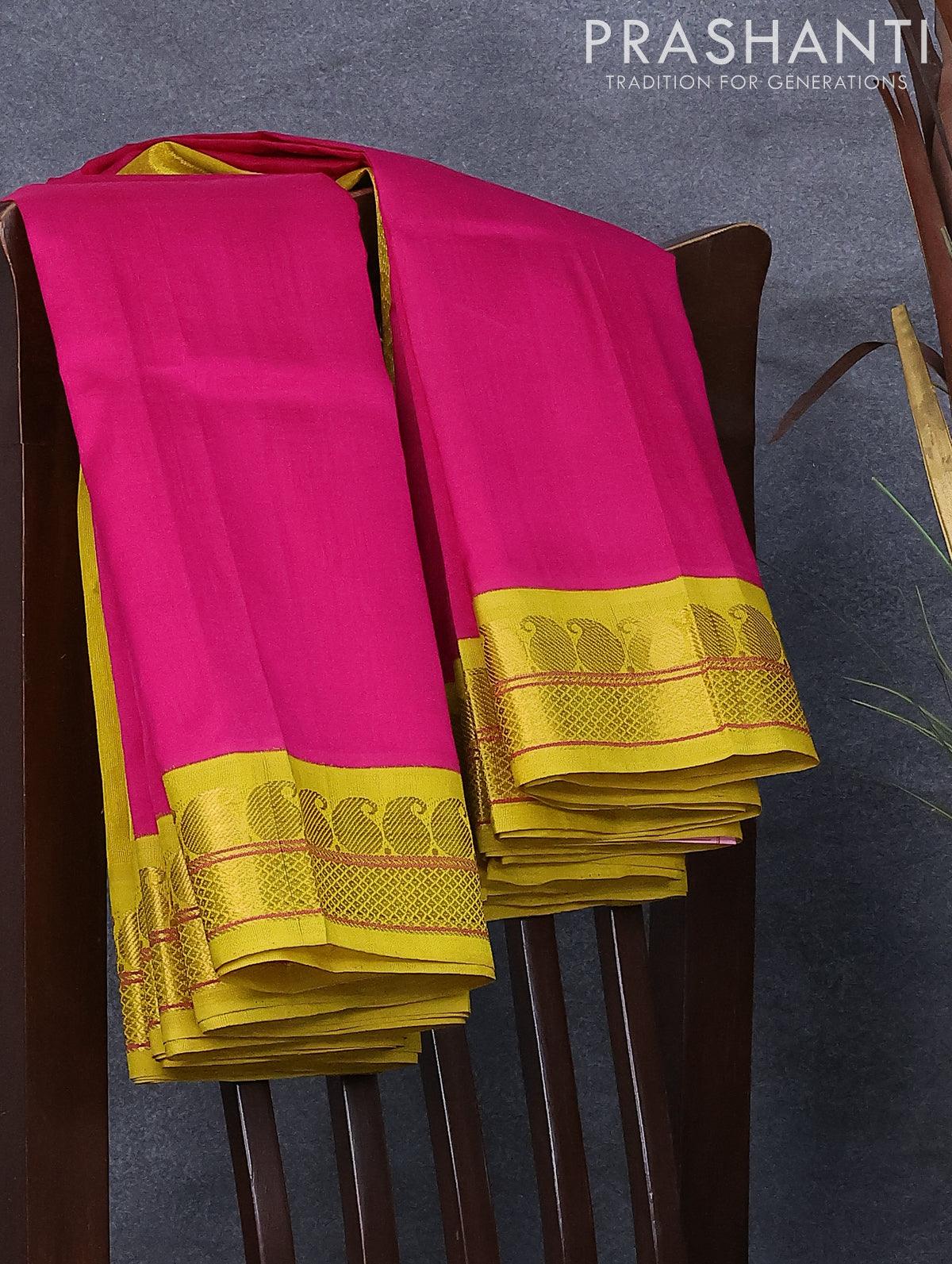 Yellow floral vine kancheepuram wedding silk saree, contrast zari border &  intricate pallu features jaal designs