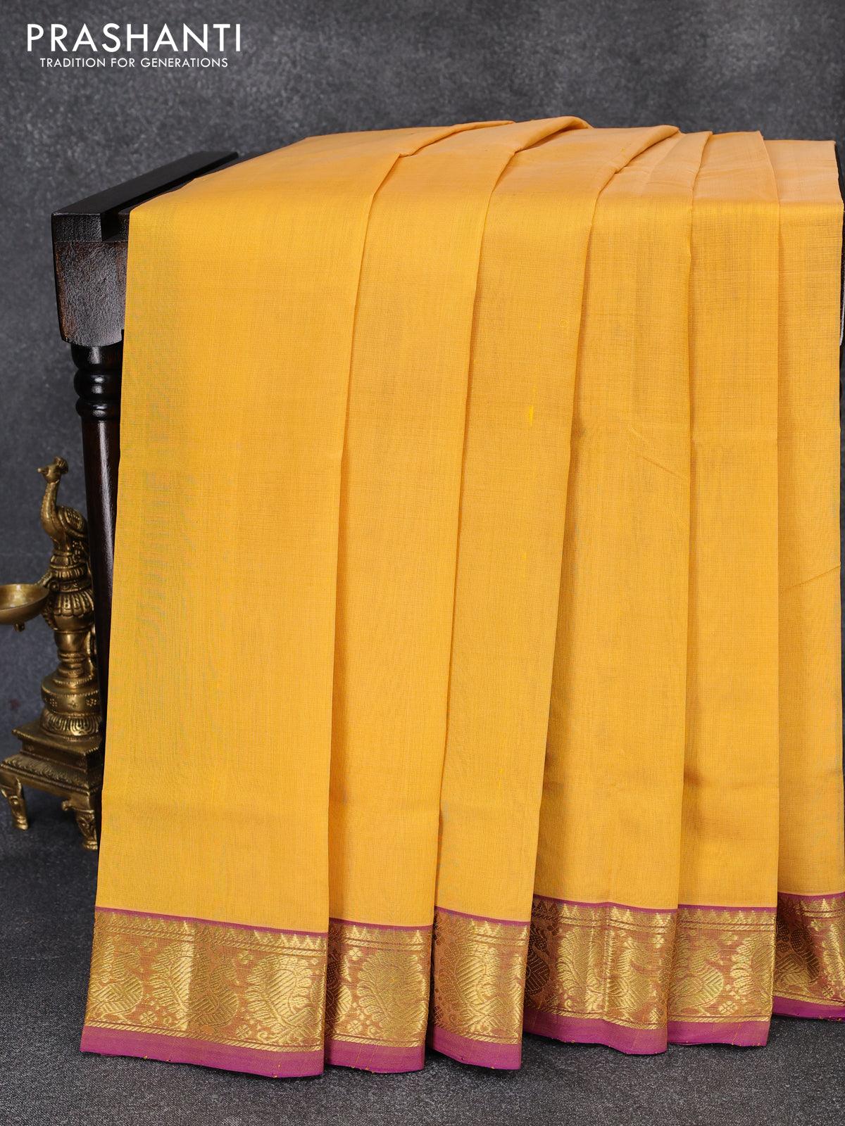 Pochampally Semi Ikkat Yellow Saree & Purple Border | Buy Semi Ikat Saree  Online – Looms Kart