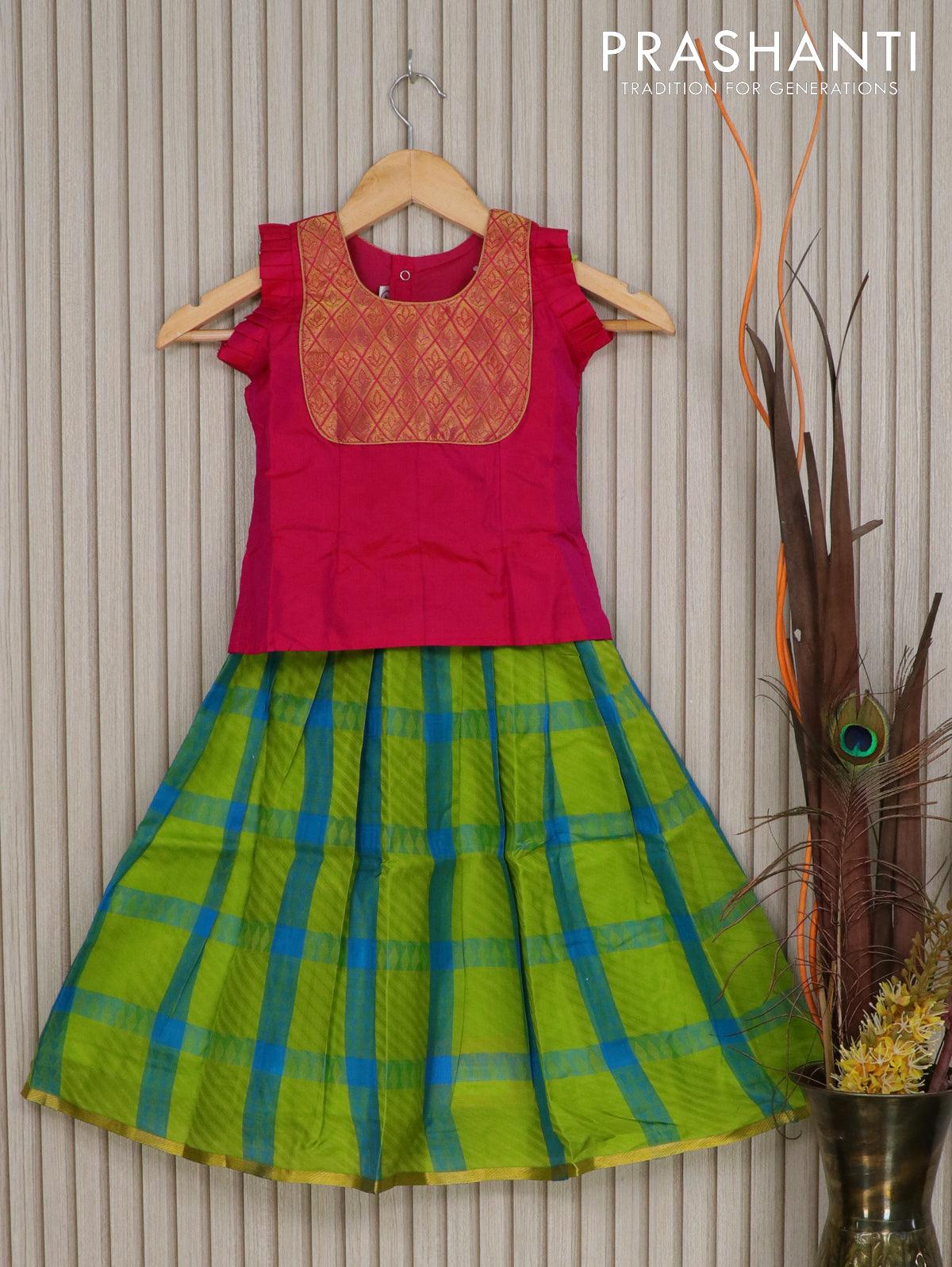 silk kids lehenga pink and light green with patch work neck pattern and piping zari woven border for 4 years prashanti