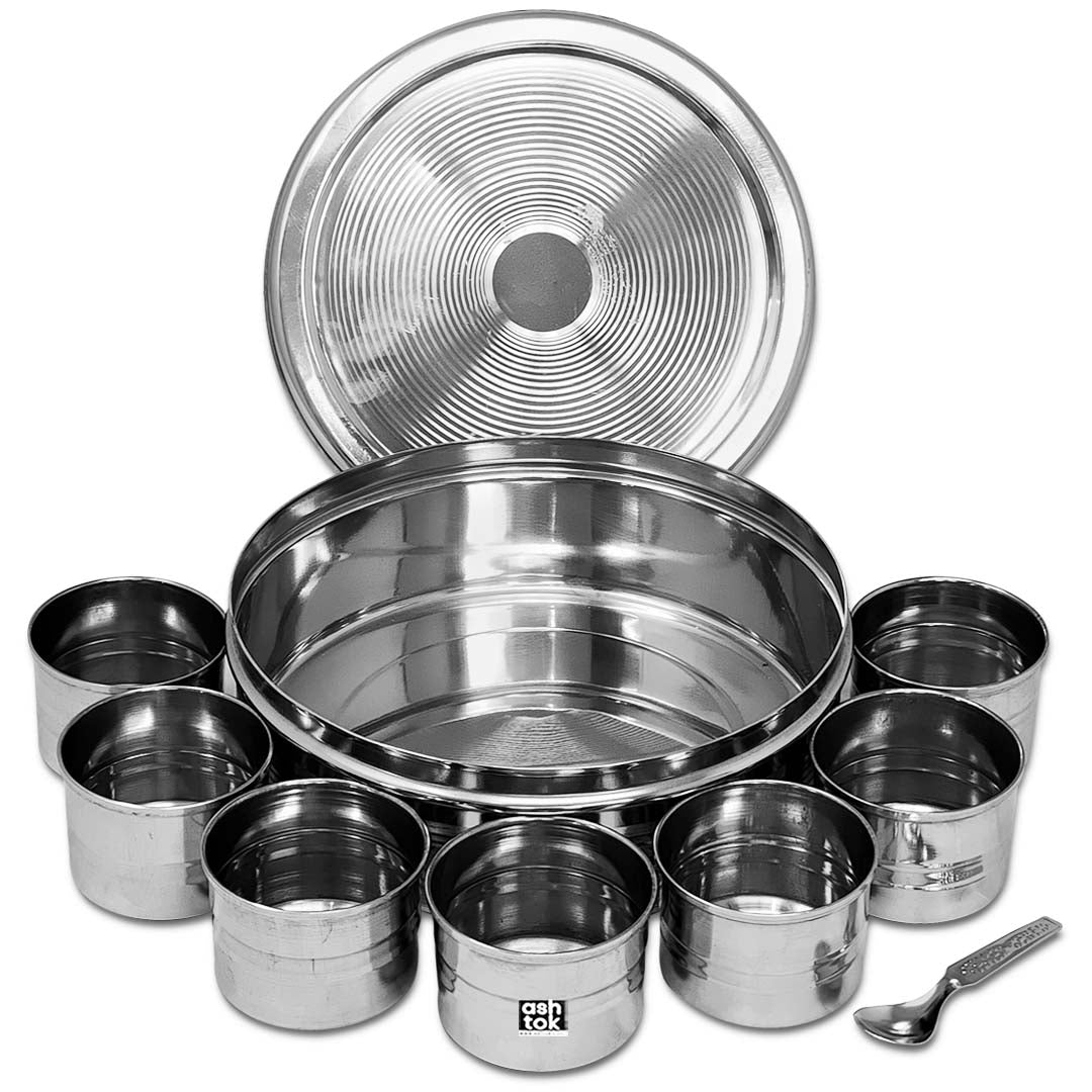 Stainless Steel Masala Box/Dabba With Lid, Spoon, And Cup Bowls