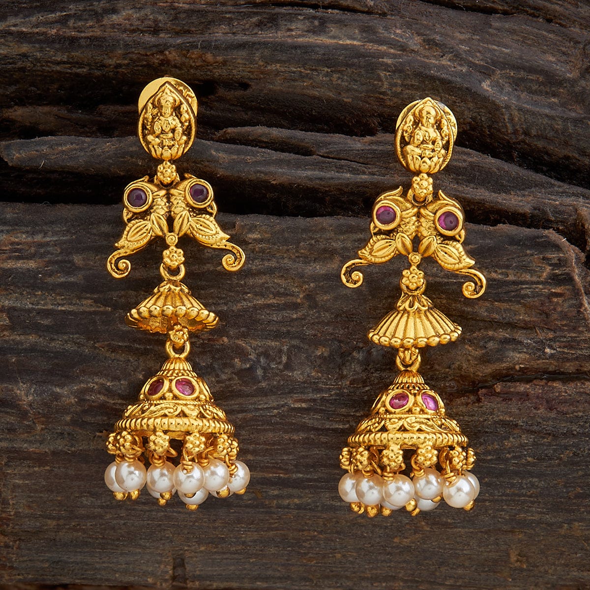 Gold Plated - Temple Jewelry - Kemp Stone Jhumki Earrings - Pearl Bead