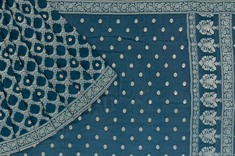 Fancy Kora Buttis Peacock Blue Saree