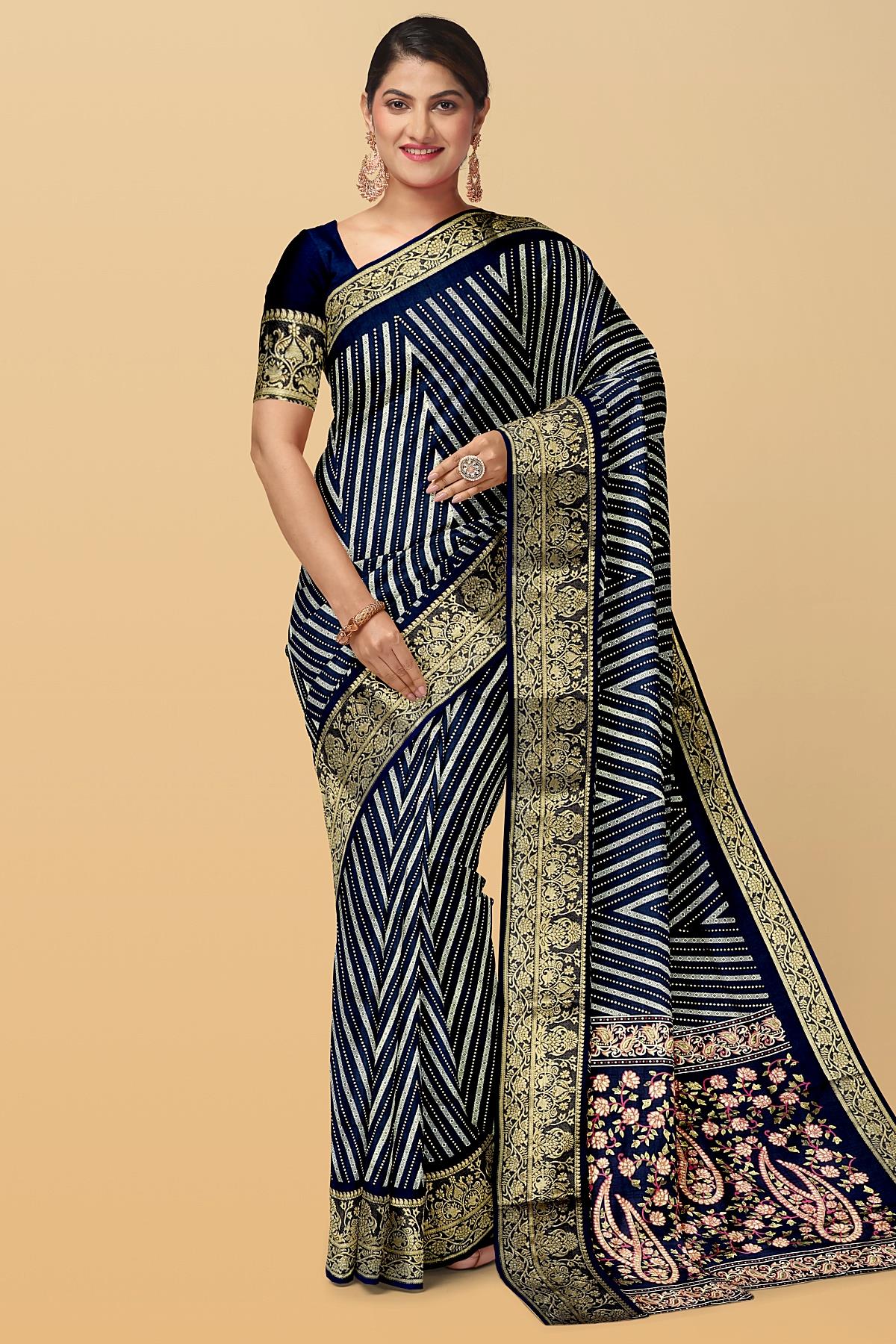 NAVY BLUE and OFF WHITE ZIG ZAG SILK BLEND Saree with FANCY