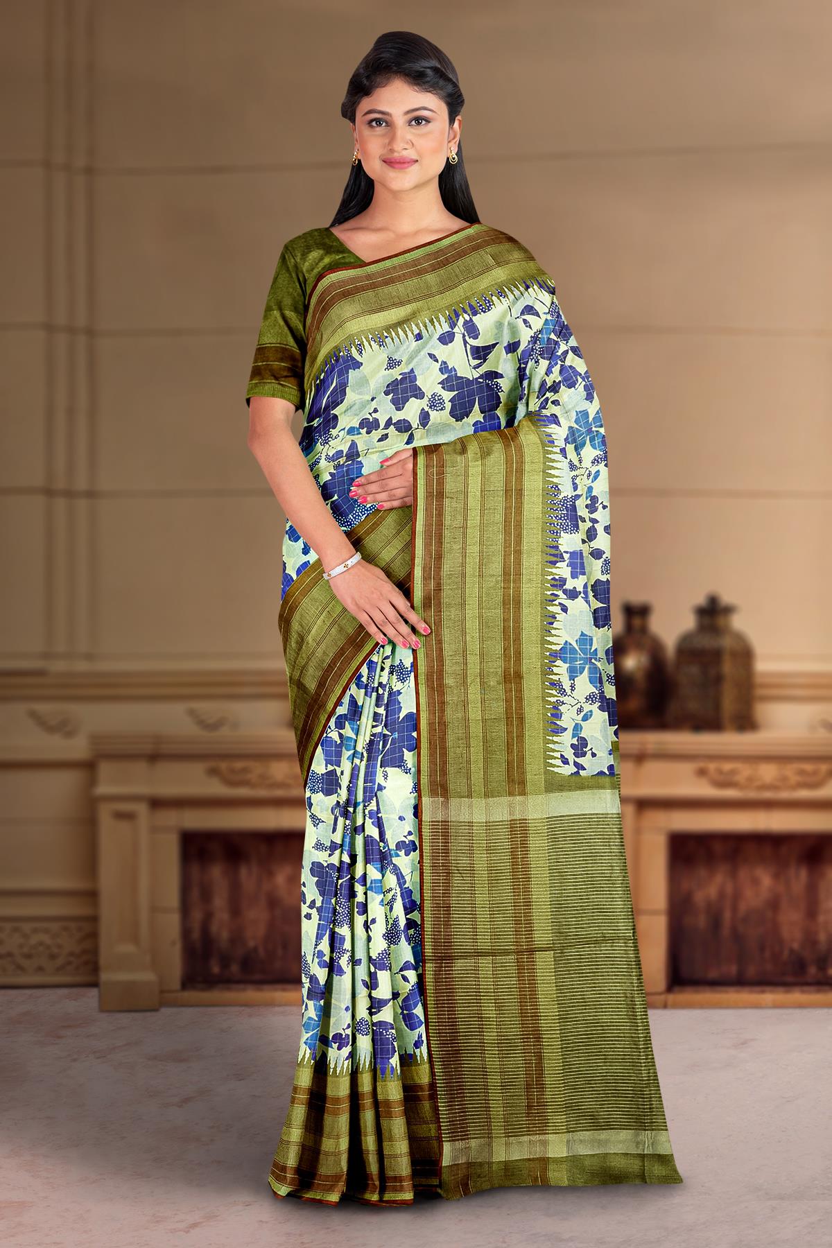 Women's Bhagalpuri Silk Beige Printed Designer Saree With Blouse Piece -  Sareemall in 2024 | Saree designs, Blouse piece, Ethnic sarees