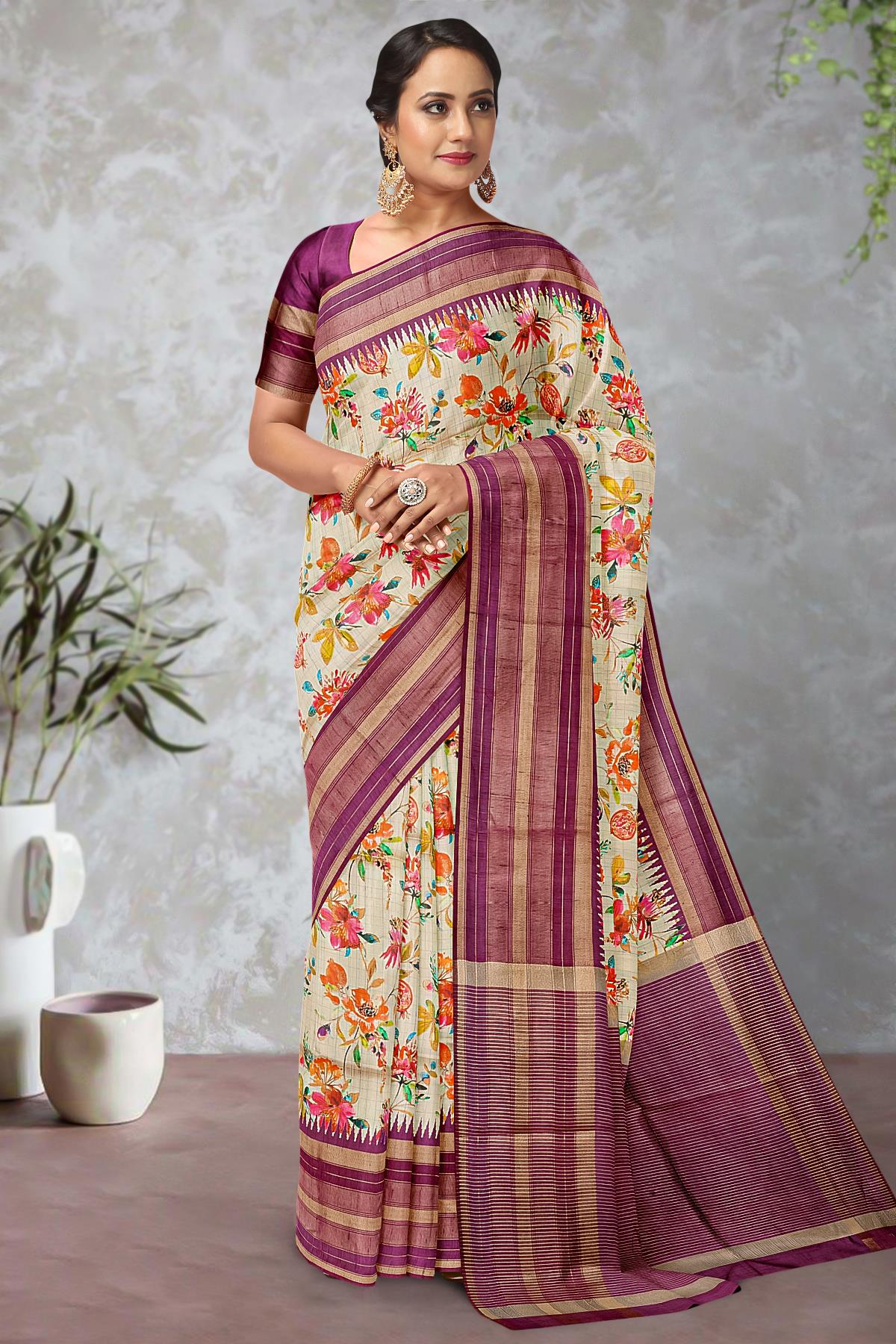 Beige color bhagalpuri silk saree with zari weaving work