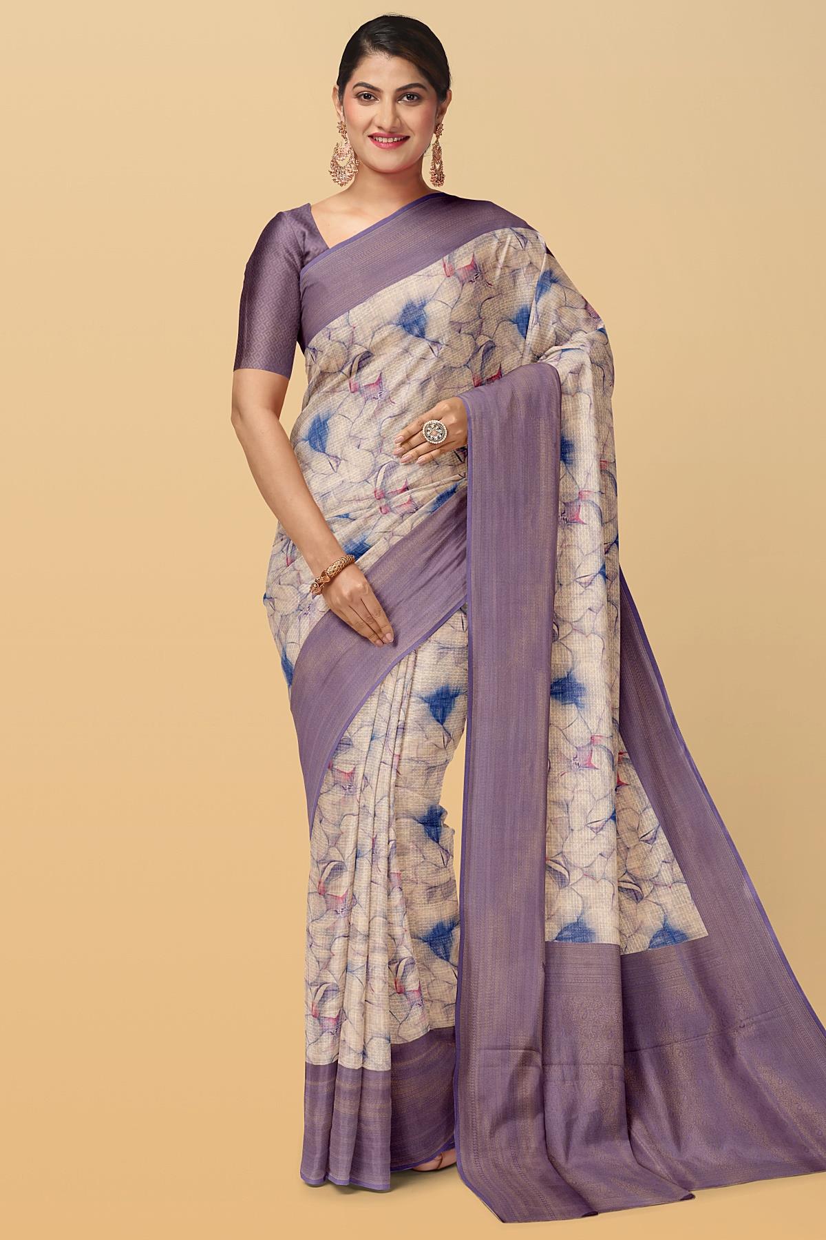 Beige Soft Silk Designer Saree Adorned with Delicate Digital Prints -