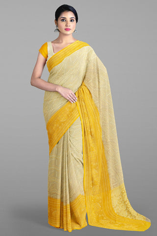 LIGHT YELLOW and GOLD FLORALS KORA Saree with FANCY