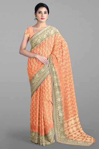 PEACH and GOLD LINES AND FLORALS KORA Saree with FANCY