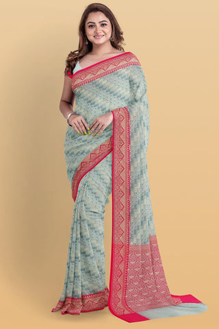 LIGHT GREY and PINK ABSTRACT KORA Saree with FANCY