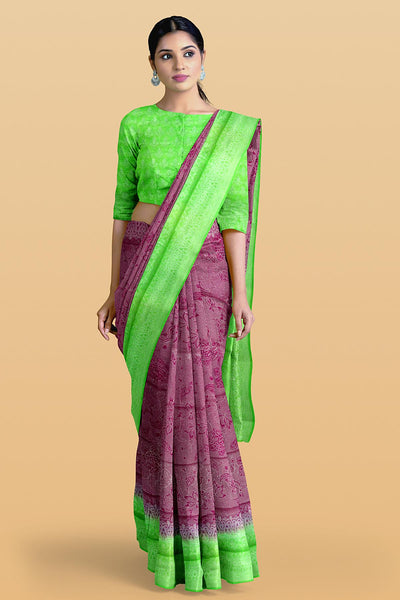 Jam Purple Zari Woven Soft Silk Saree With Green Blouse