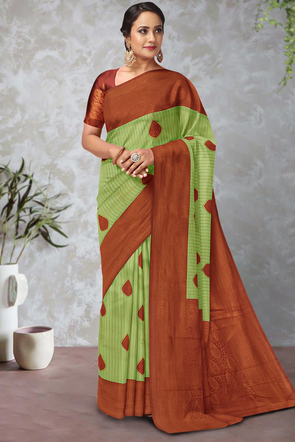 Rama Green With Maroon Satin Silk Solid Banarasi Saree With Beautiful -  House of Begum's