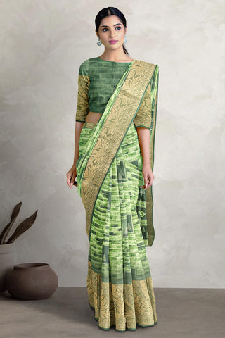 OLIVE GREEN and DARK OLIVE GREEN DIGITAL PRINT SILK Saree with FANCY