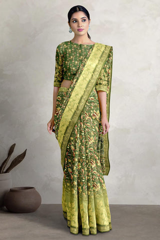 DARK GREEN and MULTI FLORAL JAAL SILK Saree with FANCY