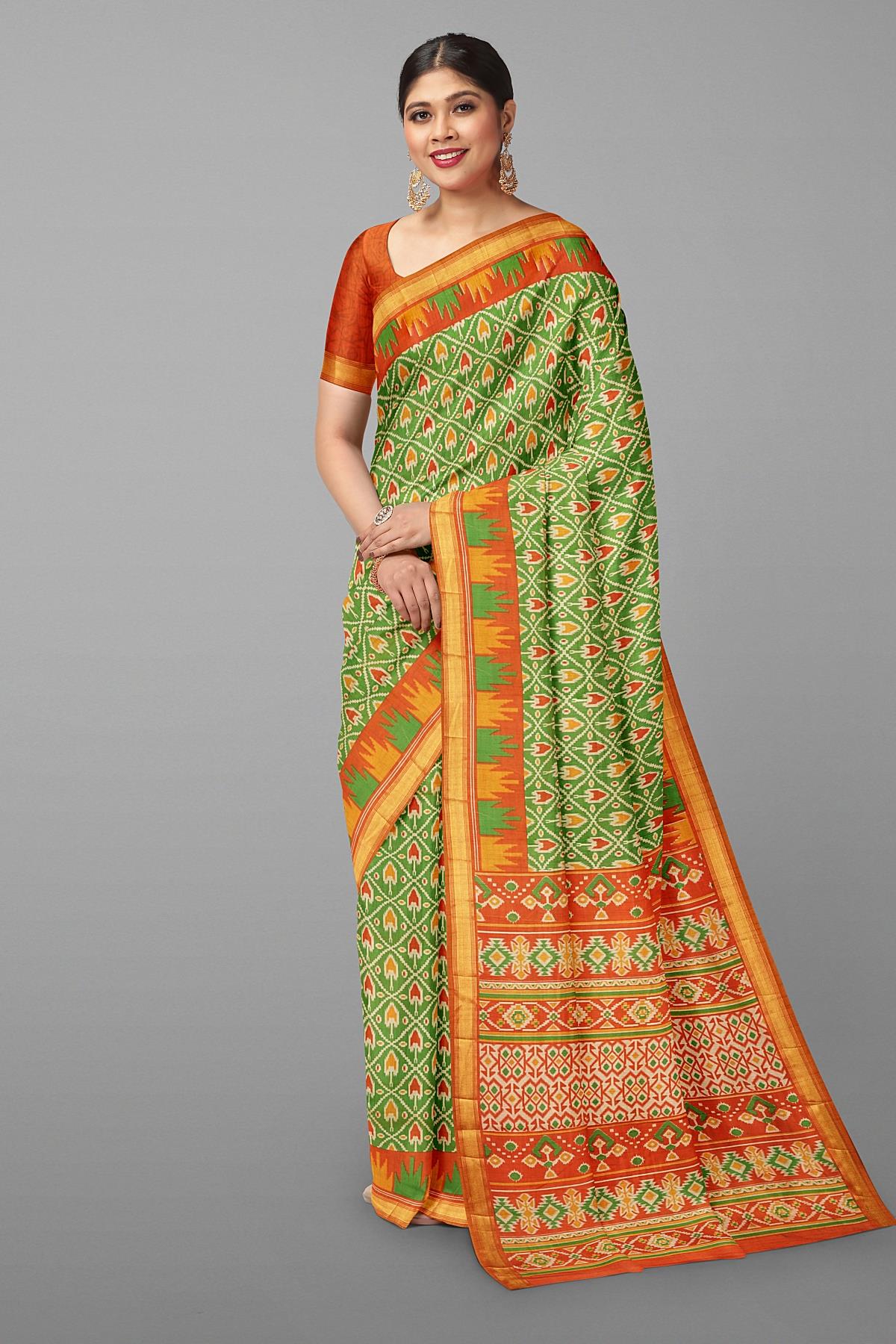 Safety Orange Patola Silk Saree With Floral Ikat Pattern – Cherrypick