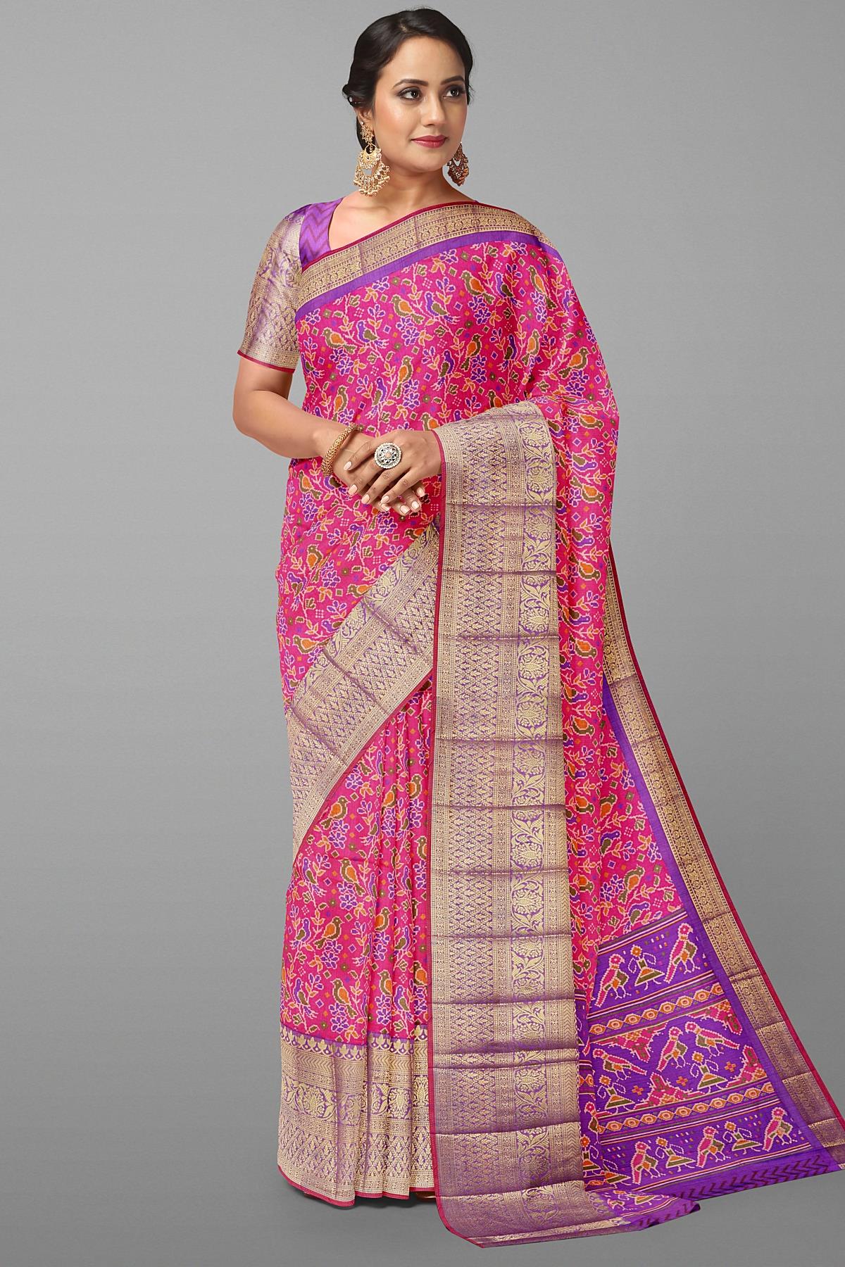 Green and Maroon Ikat Patola Printed Saree