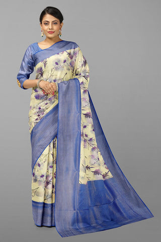 CREAM and ROYAL BLUE FLORALS SOFT SILK Saree with BANARASI FANCY