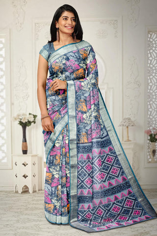 DARK GREY and MULTI LEAF PRINT LINEN Saree with FANCY