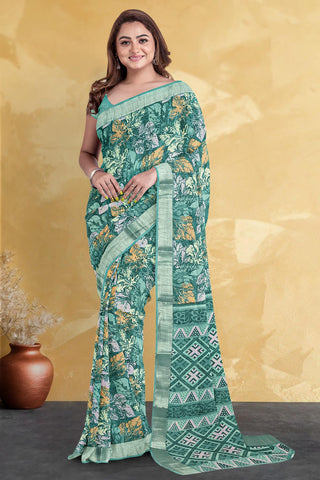 DARK SEA GREEN and MULTI LEAF PRINT LINEN Saree with FANCY