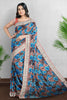 BLUE and LIGHT BROWN FLORALS LINEN Saree with FANCY
