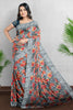 GREY and RED FLORALS LINEN Saree with FANCY