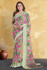 OLIVE GREEN and DARK PINK FLORALS LINEN Saree with FANCY