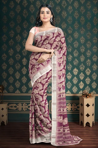 PURPLE and DUSTY PINK FLORALS LINEN Saree with FANCY