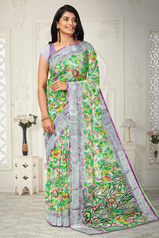 MULTI and LAVENDER LEAF PRINT LINEN Saree with FANCY