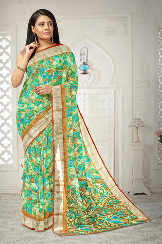 MULTI and LIGHT BROWN LEAF PRINT LINEN Saree with FANCY