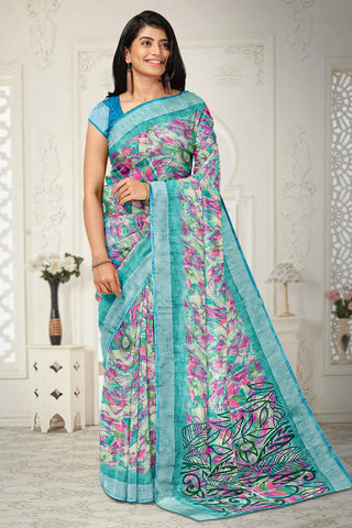 MULTI and PURPLE LEAF PRINT LINEN Saree with FANCY