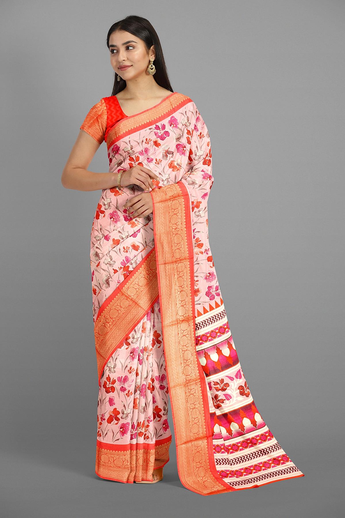 LIGHT PINK and CORAL FLORALS SILK Saree with FANCY