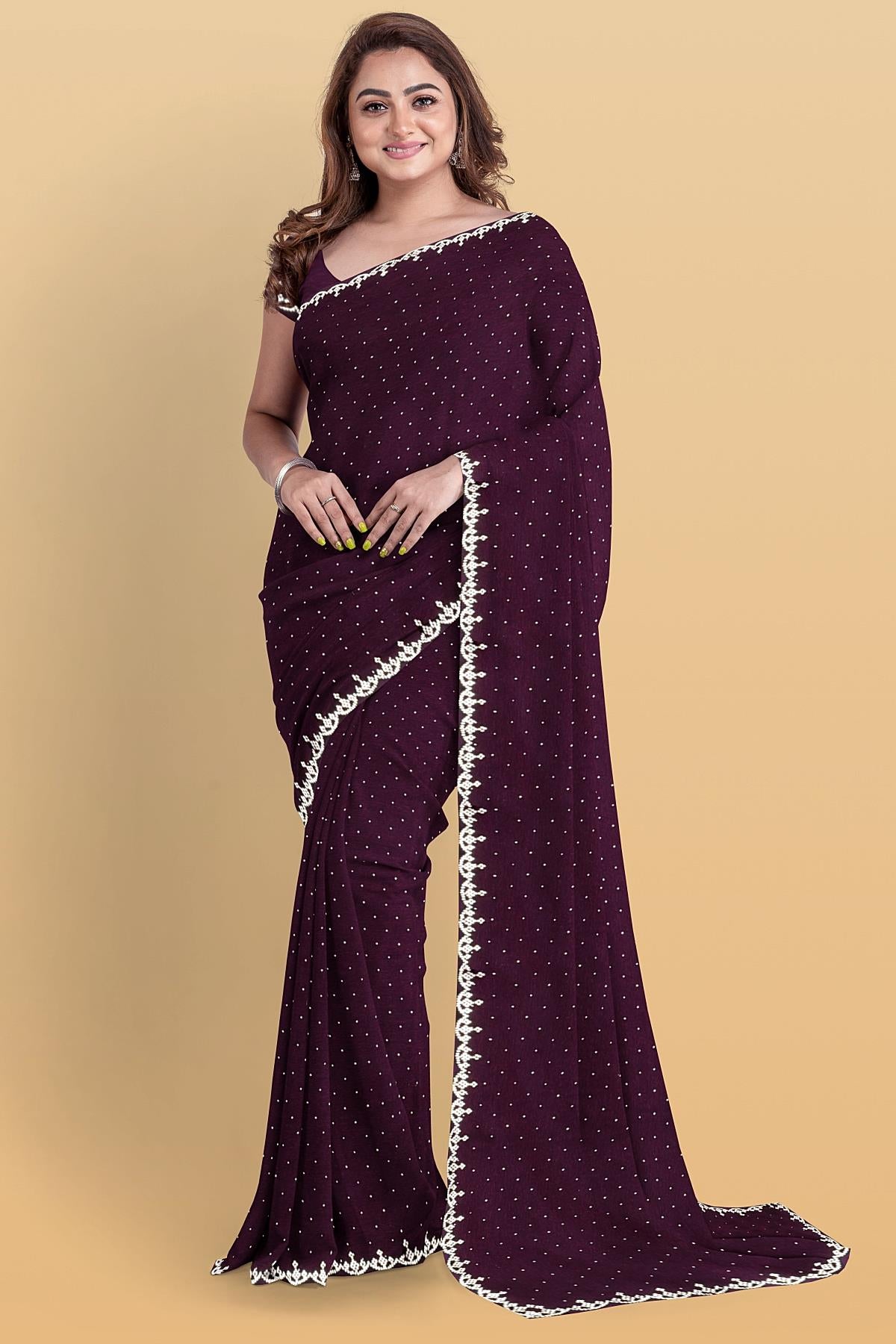 PURPLE and SILVER SOLID CHIFFON Saree with FANCY