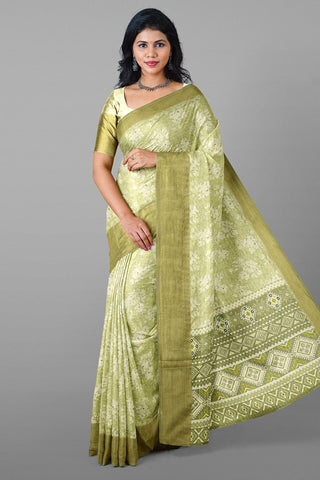 LIGHT OLIVE GREEN and CREAM FLORALS SILK Saree with FANCY