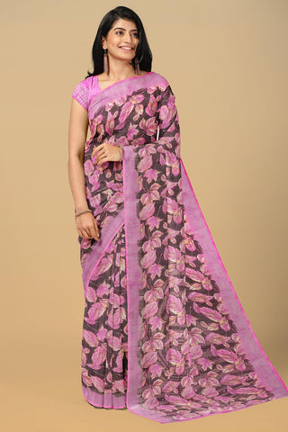 PINK and BLACK LEAF PRINT LINEN Saree with FANCY