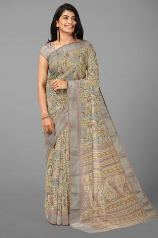 MULTI and DUSTY PINK DIGITAL PRINT LINEN Saree with FANCY