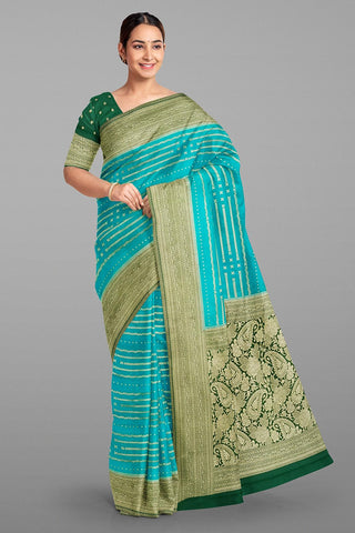 TEAL and DARK GREEN STRIPES SILK Saree with FANCY