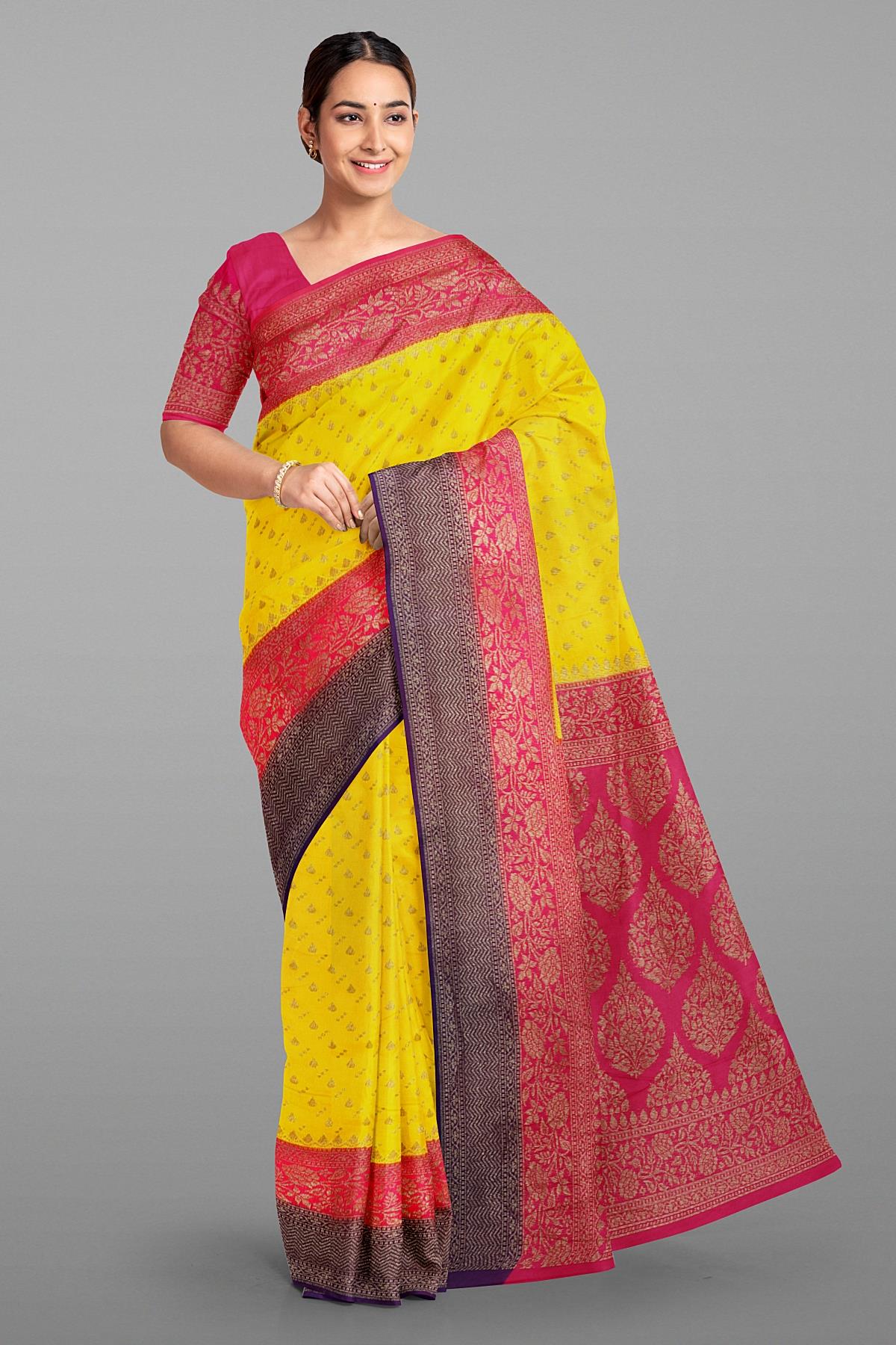 YELLOW AND PINK BUTTIS SILK SAREE WITH FANCY