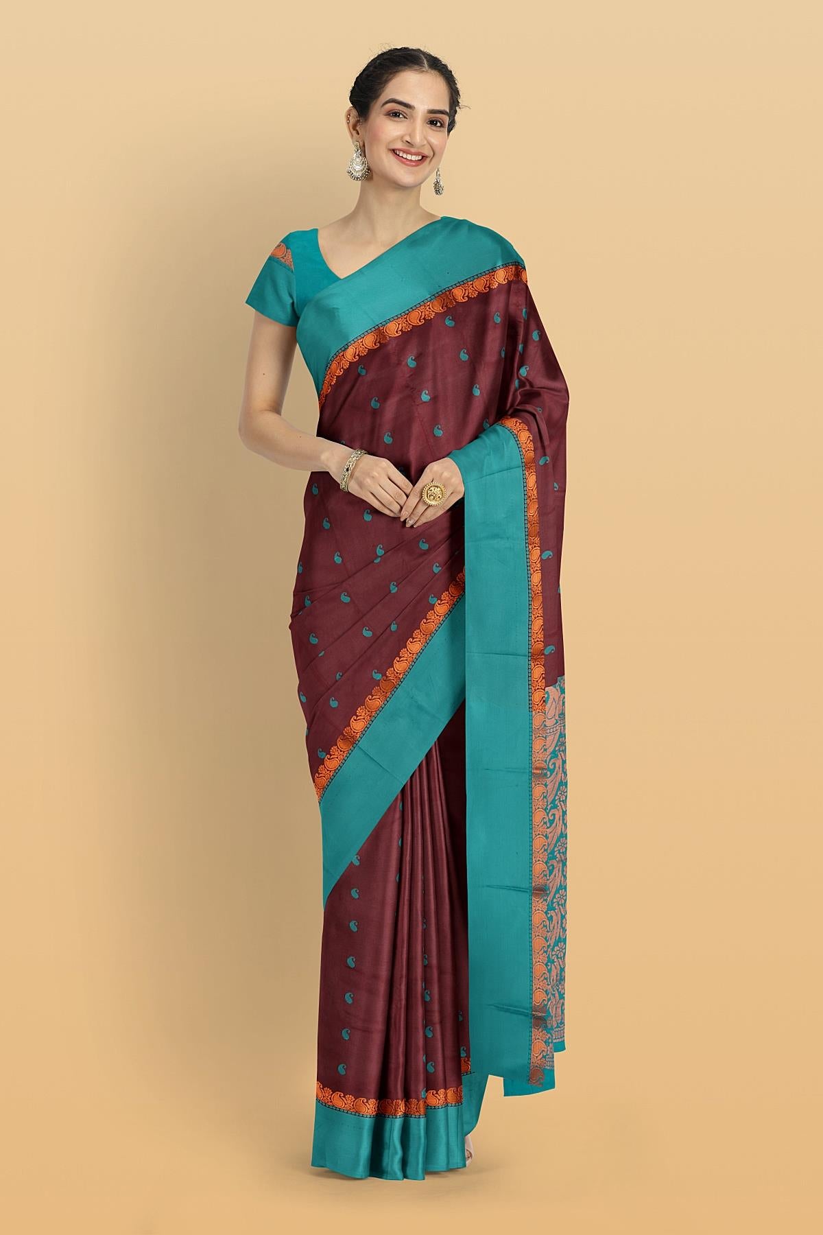 DARK MAROON and TEAL PAISLEY SILK Saree with BANARASI FANCY