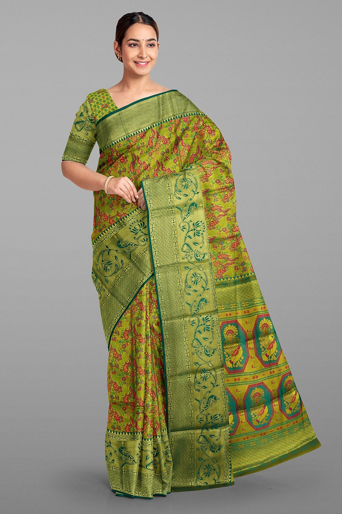 GREEN and DARK GREEN FLORAL JALL WITH FIGURES SILK Saree with BANARASI FANCY