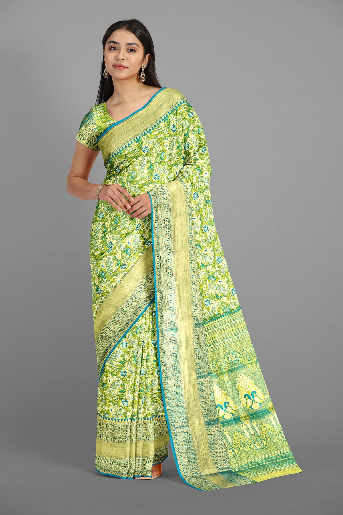 OLIVE GREEN and TEAL FLORAL JALL WITH FIGURES SILK Saree with BANARASI FANCY