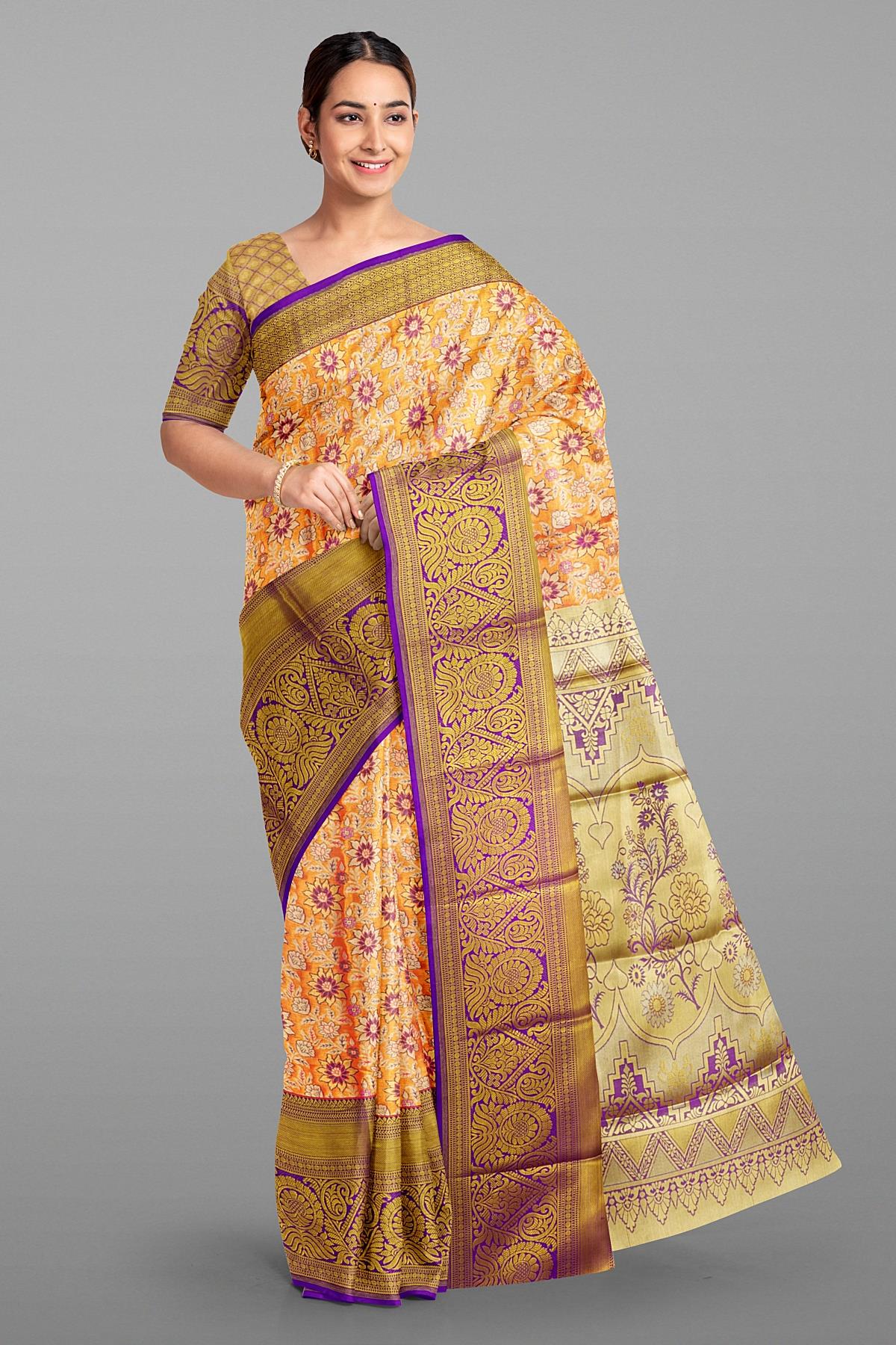 DARK PINK and VIOLET FLORALS SILK Saree with BANARASI FANCY