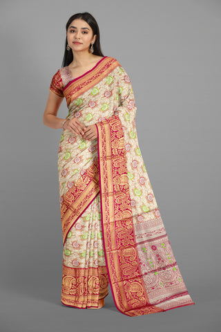 MAGENTA and SILVER FLORAL JAAL SILK Saree with BANARASI FANCY