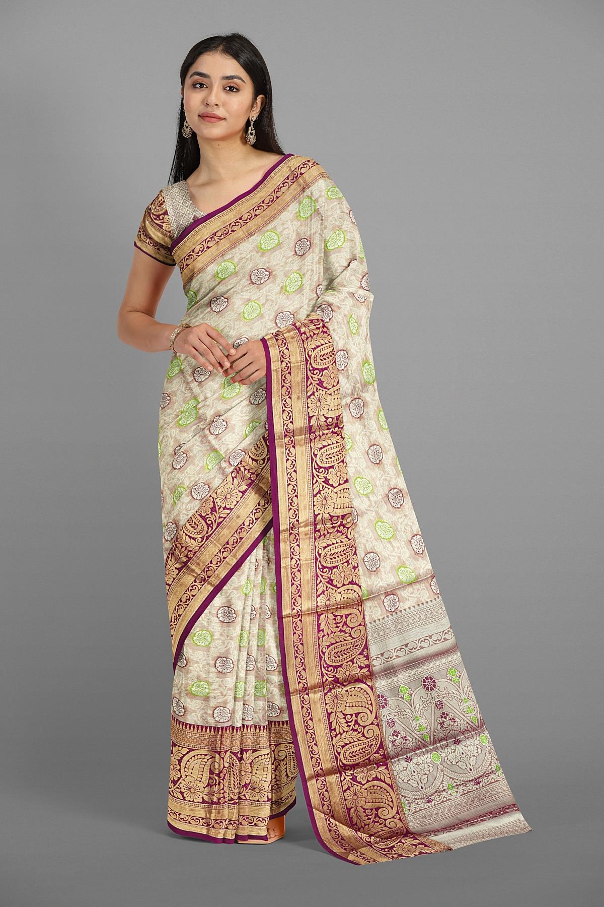 PURPLE and SILVER FLORAL JAAL SILK Saree with BANARASI FANCY