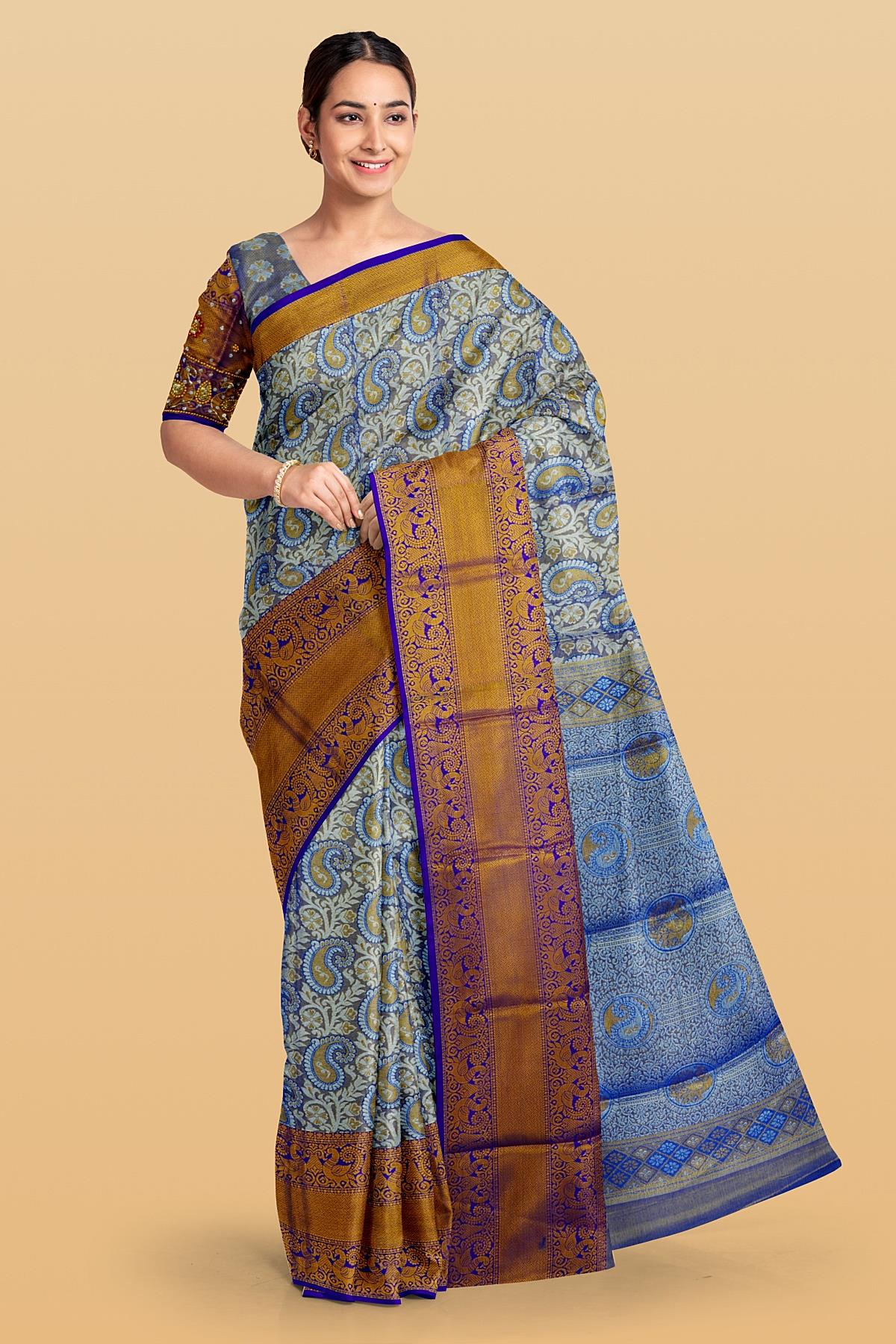 ROYAL BLUE and VIOLET PAISLEY WITH JAAL SILK Saree with BANARASI FANCY