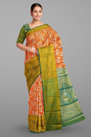 ORANGE and DARK GREEN FLORAL JAAL SILK Saree with BANARASI FANCY