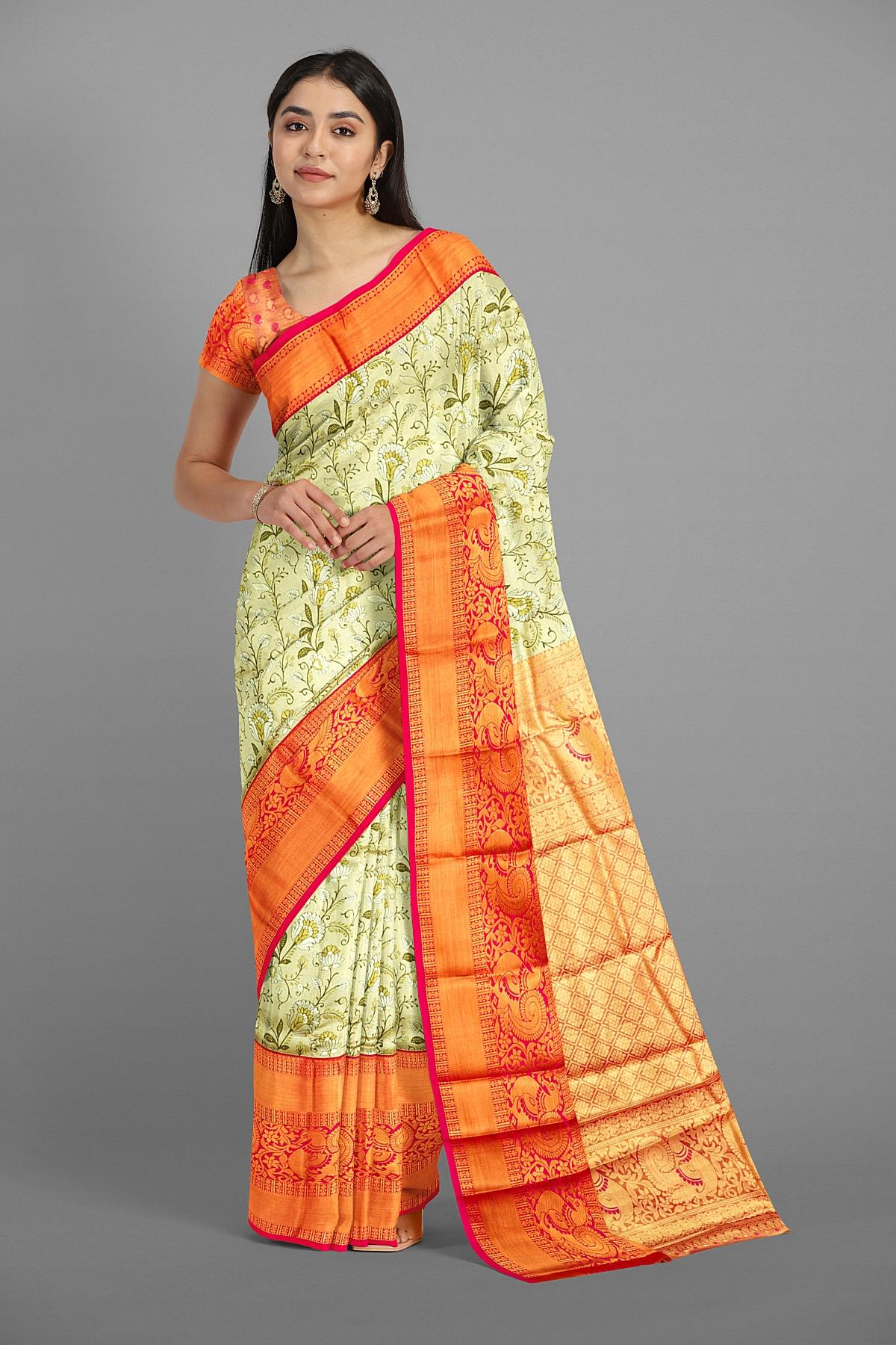 OLIVE GREEN and PINK BROCADE SILK Saree with KANCHIPURAM