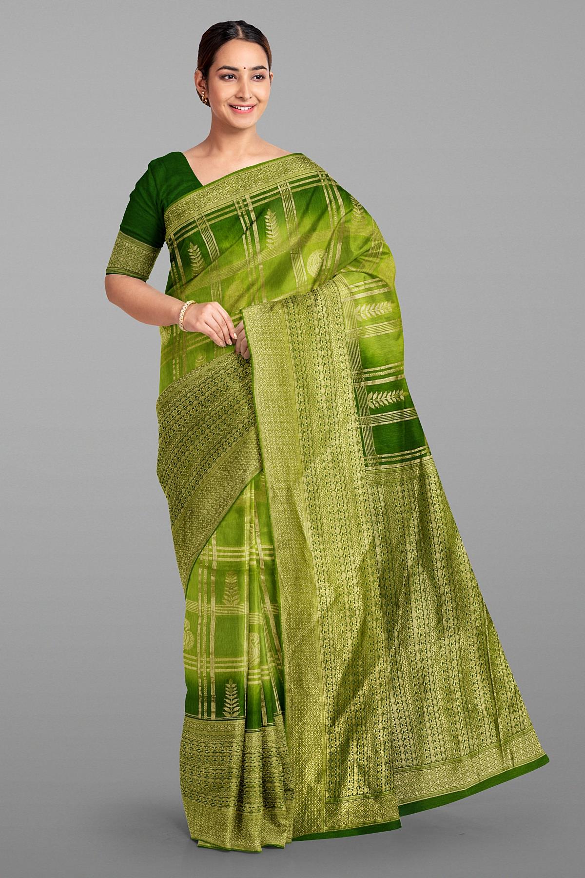 LIGHT GREEN and OLIVE GREEN CHECKS AND BUTTIS MATKA SILK Saree with BANARASI FANCY