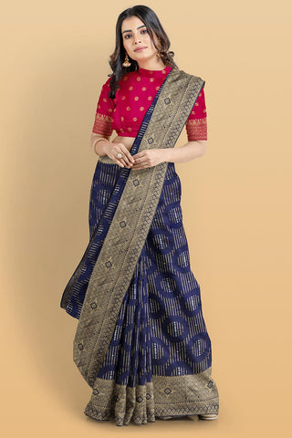 NAVY BLUE and GOLD JAAL MATKA SILK Saree with BANARASI FANCY